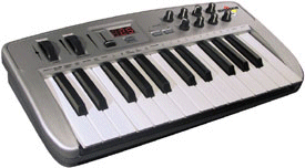 Midiman Oxygen 8. As it only holds 2 octaves it is very compact. The Oxygen has the usual features like wheels for pitch bend, modulation, data entry and is 